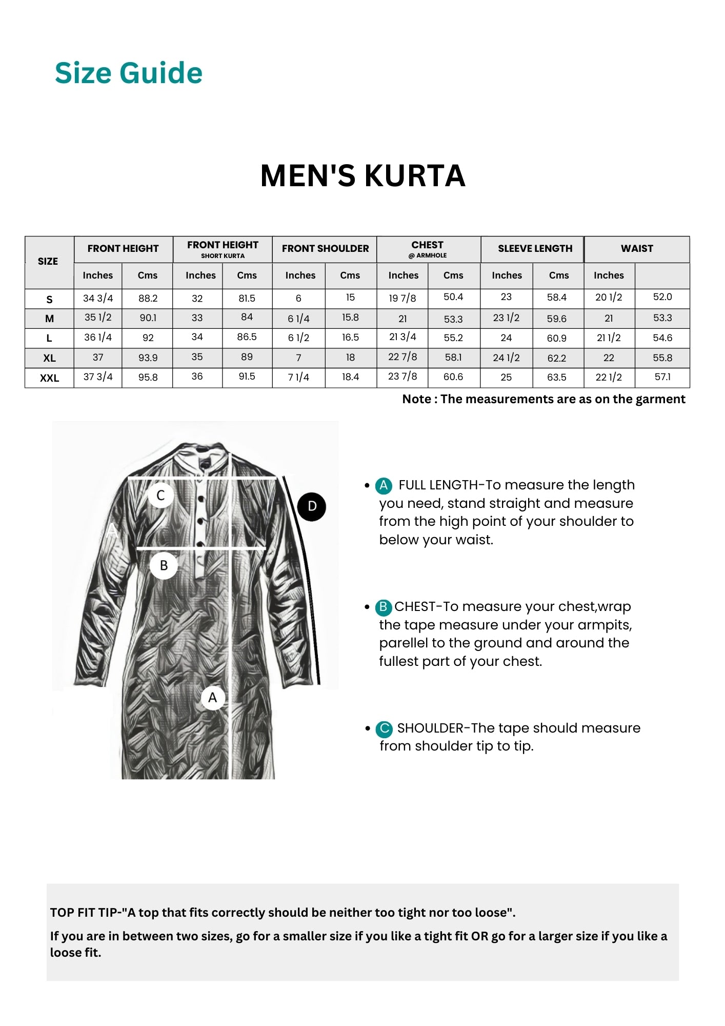 Men Kurta Size Guide