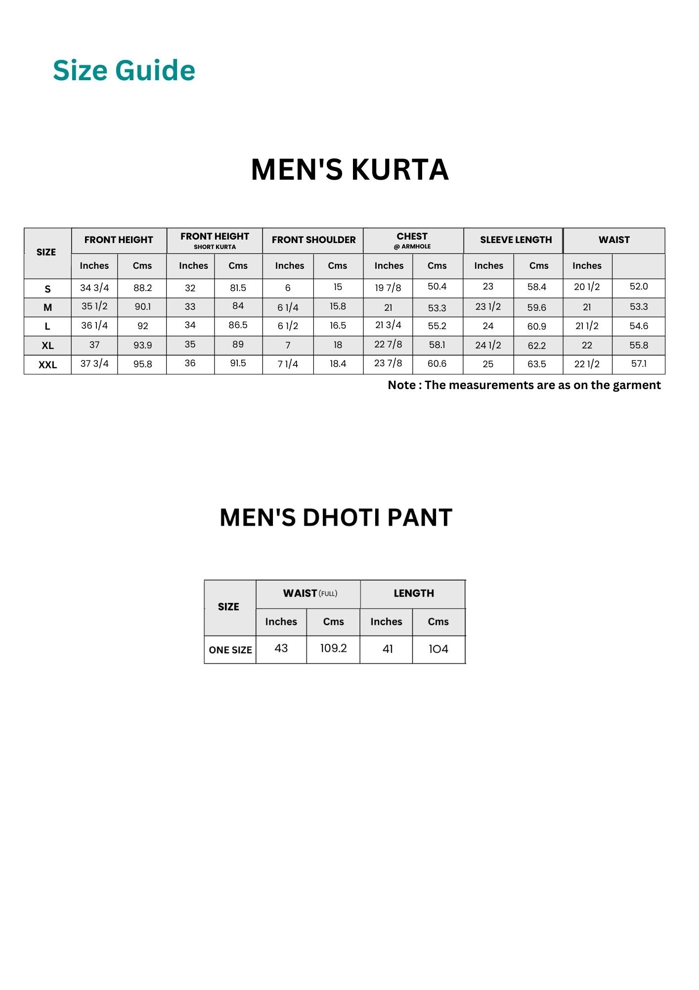 Men Kurta Dhoti Pant Size Guide