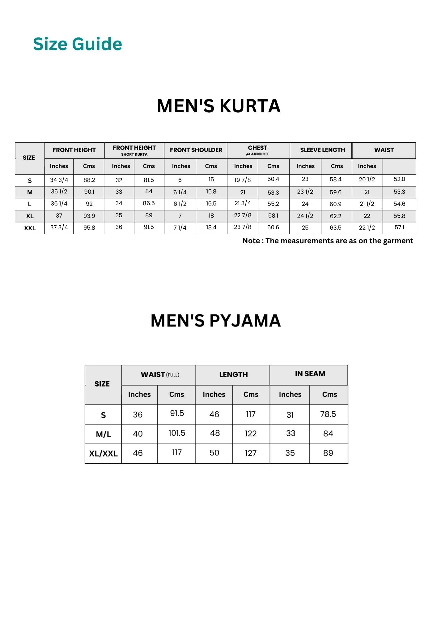 Men  Kurta Dhoti Pyjama, Size Guide