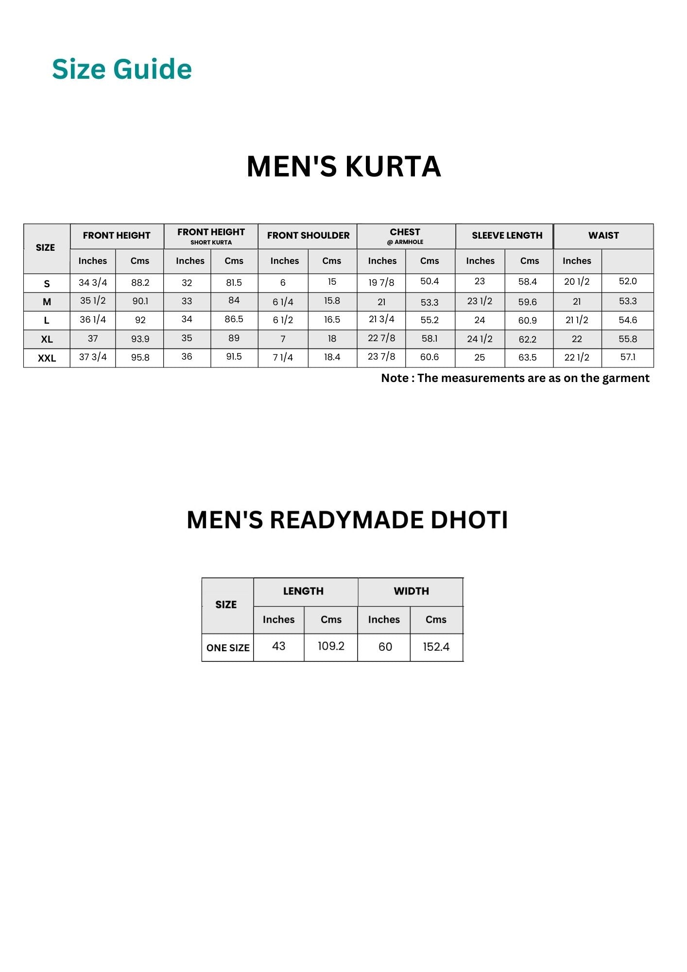 Men Kurta Readymade Dhoti set Size Guide