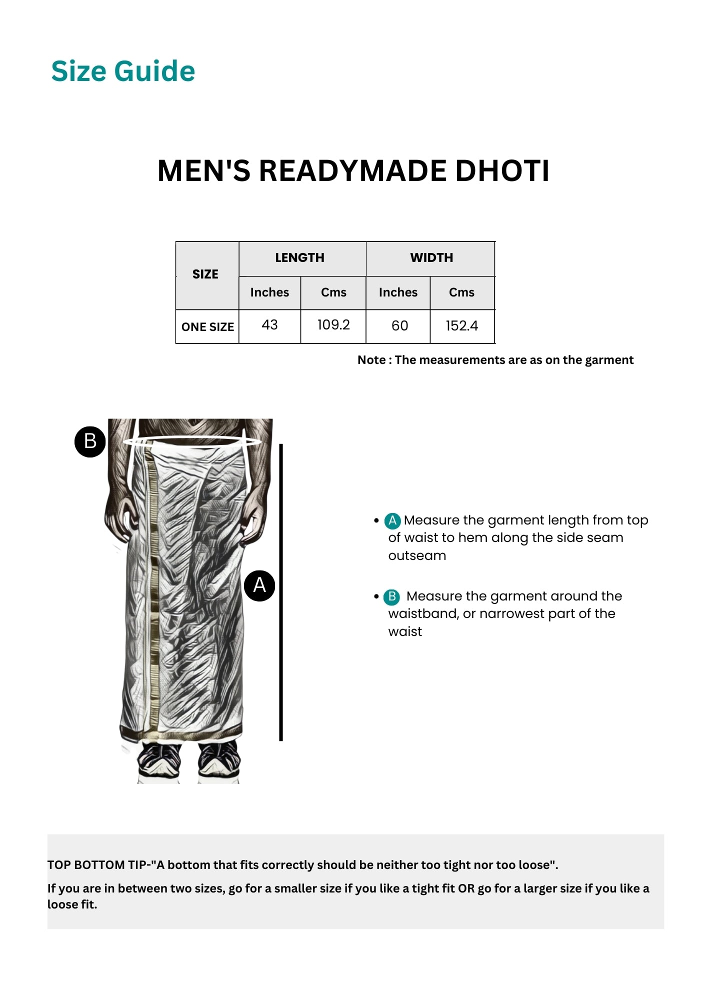 Men Readymade Dhoti size guide