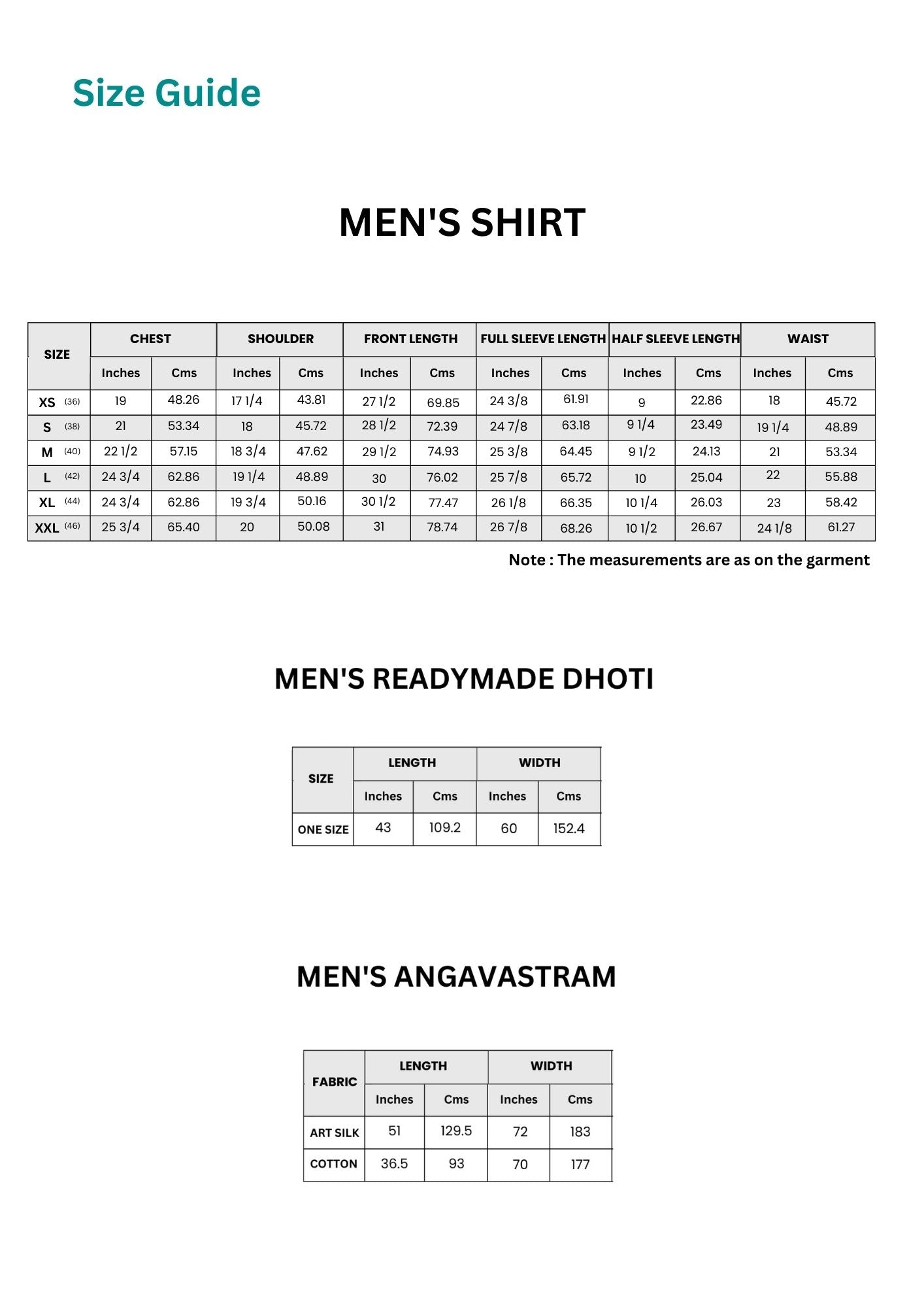 Men Shirt Dhoti Angavastram Set Size Guide