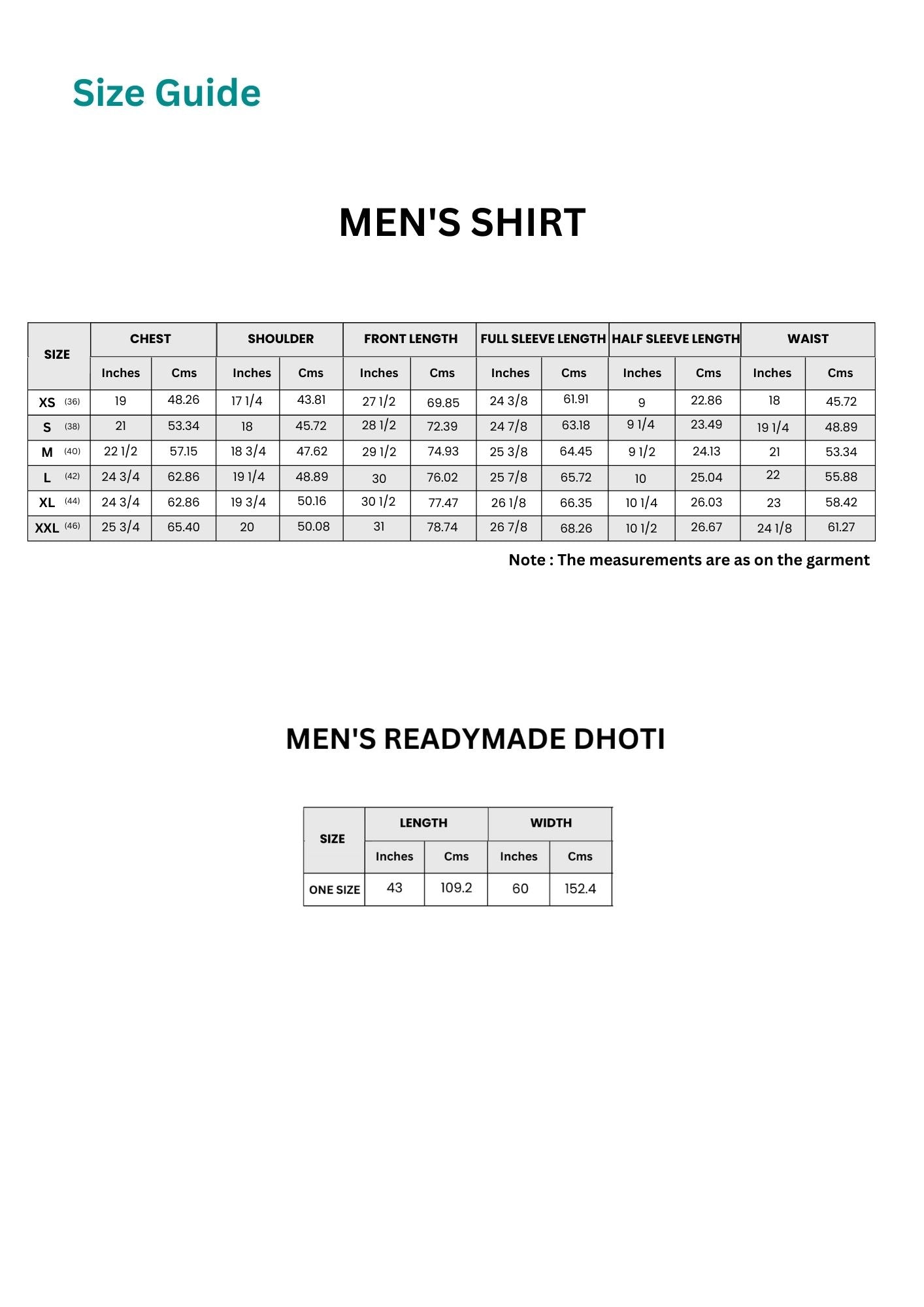 Men Shirt Dhoti  Set Size Guide