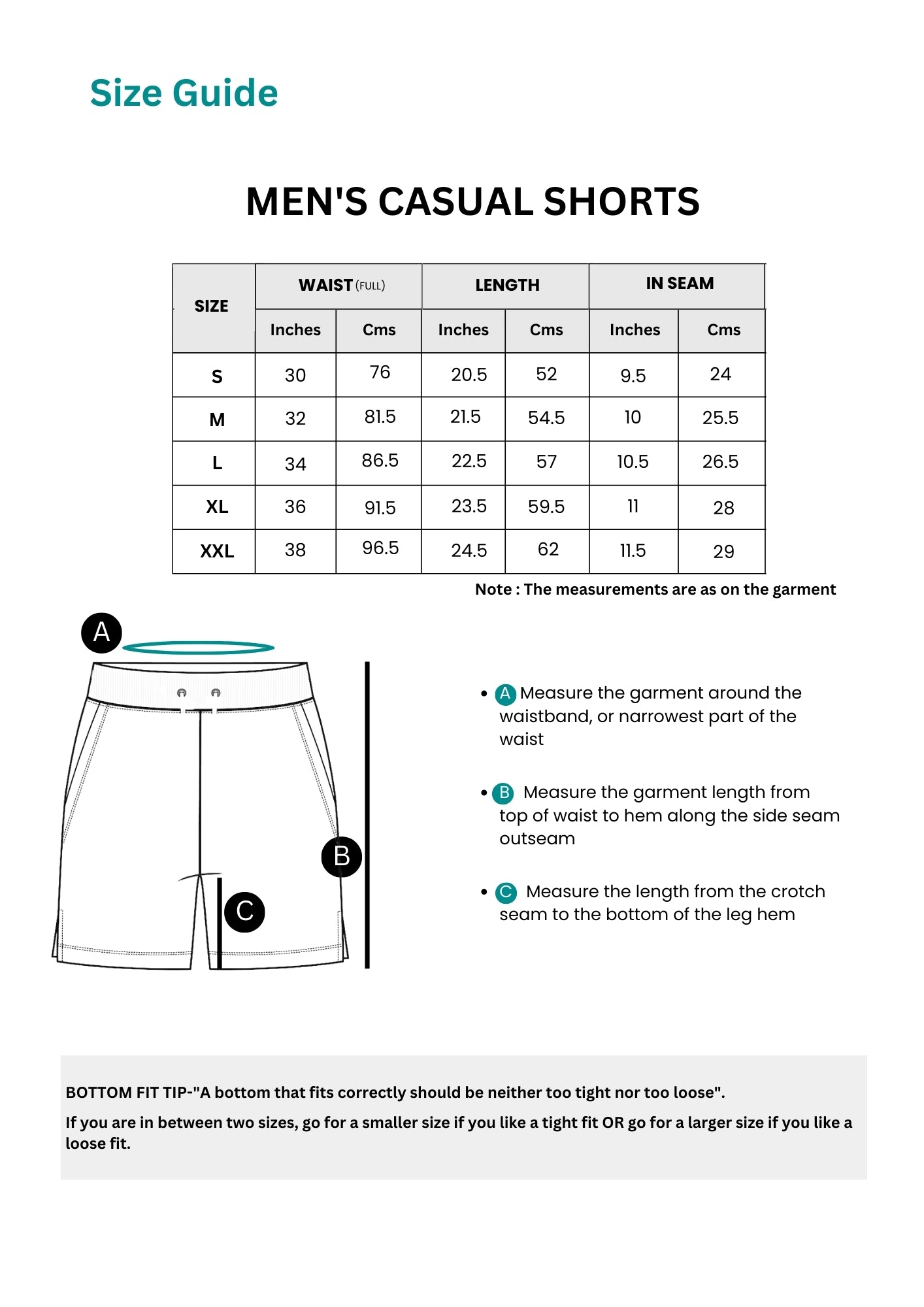 Men Casual Shorts  Size Guide