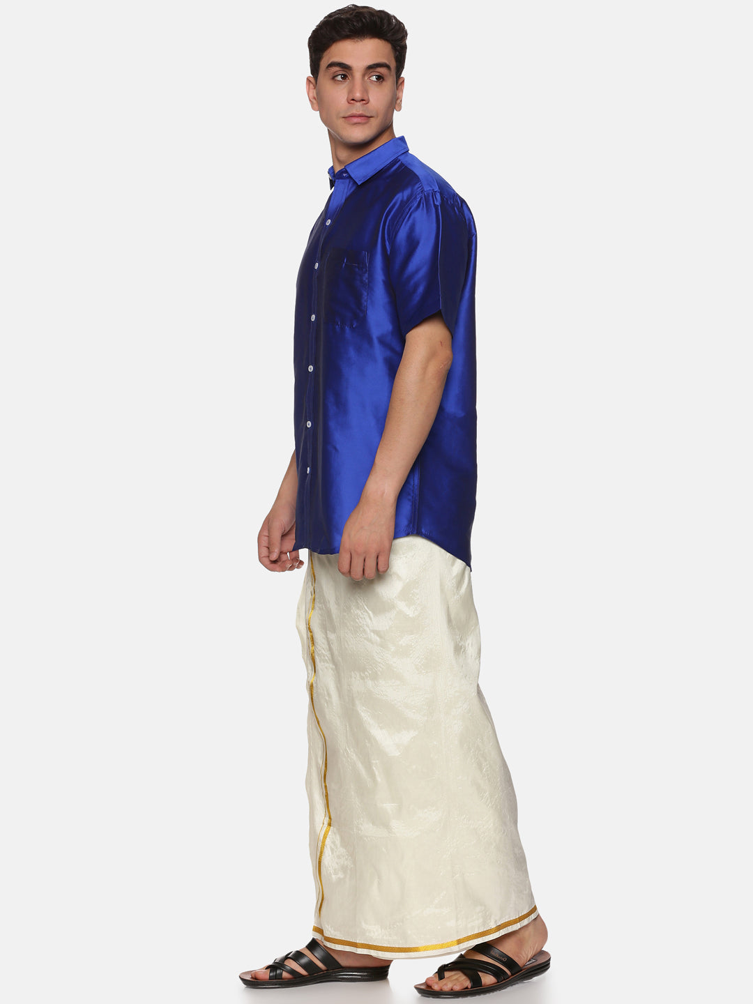 Sandal traditional zari border 8-yard art-silk double-layer dhoti