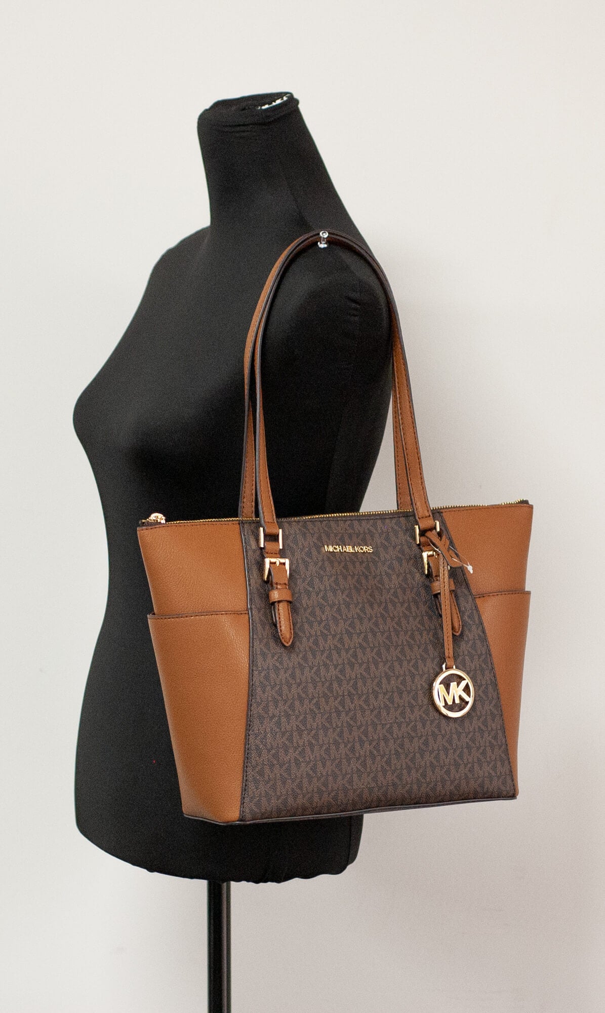 Michael Kors Charlotte Brown Signature Logo Leather Large Top Zip Tote –  