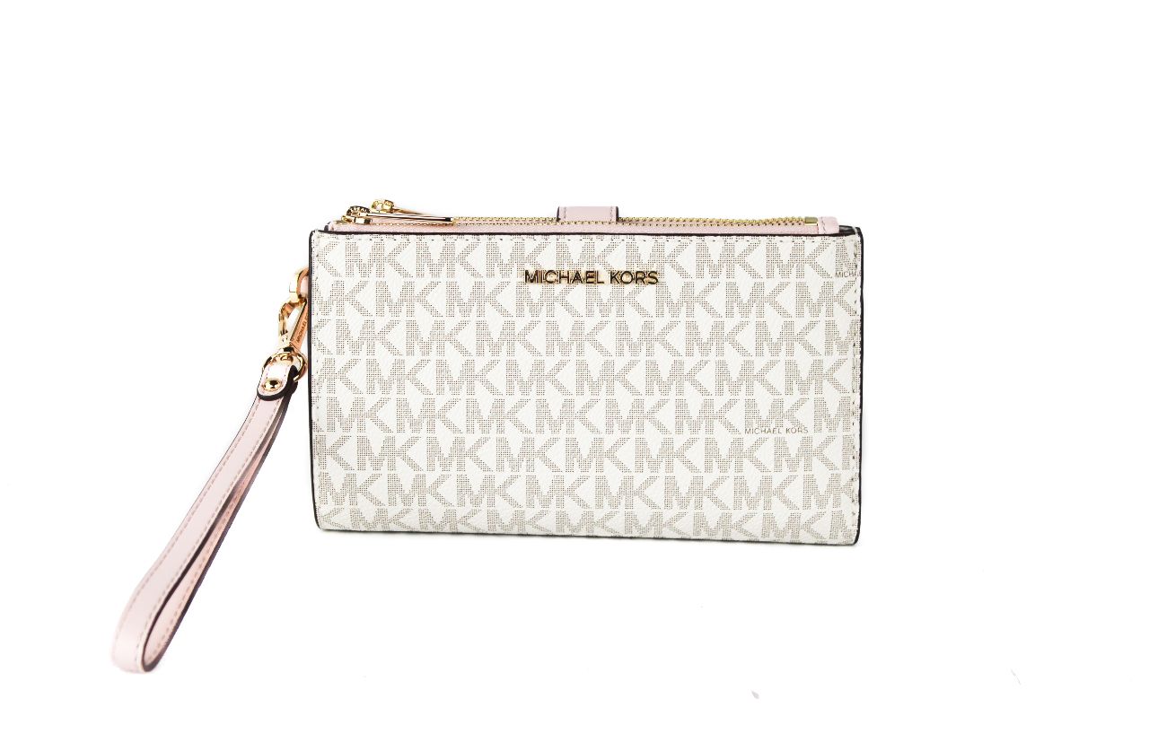 Michael Kors Jet Set Vanilla PVC Pink Leather Large Double Zip Wristle –  