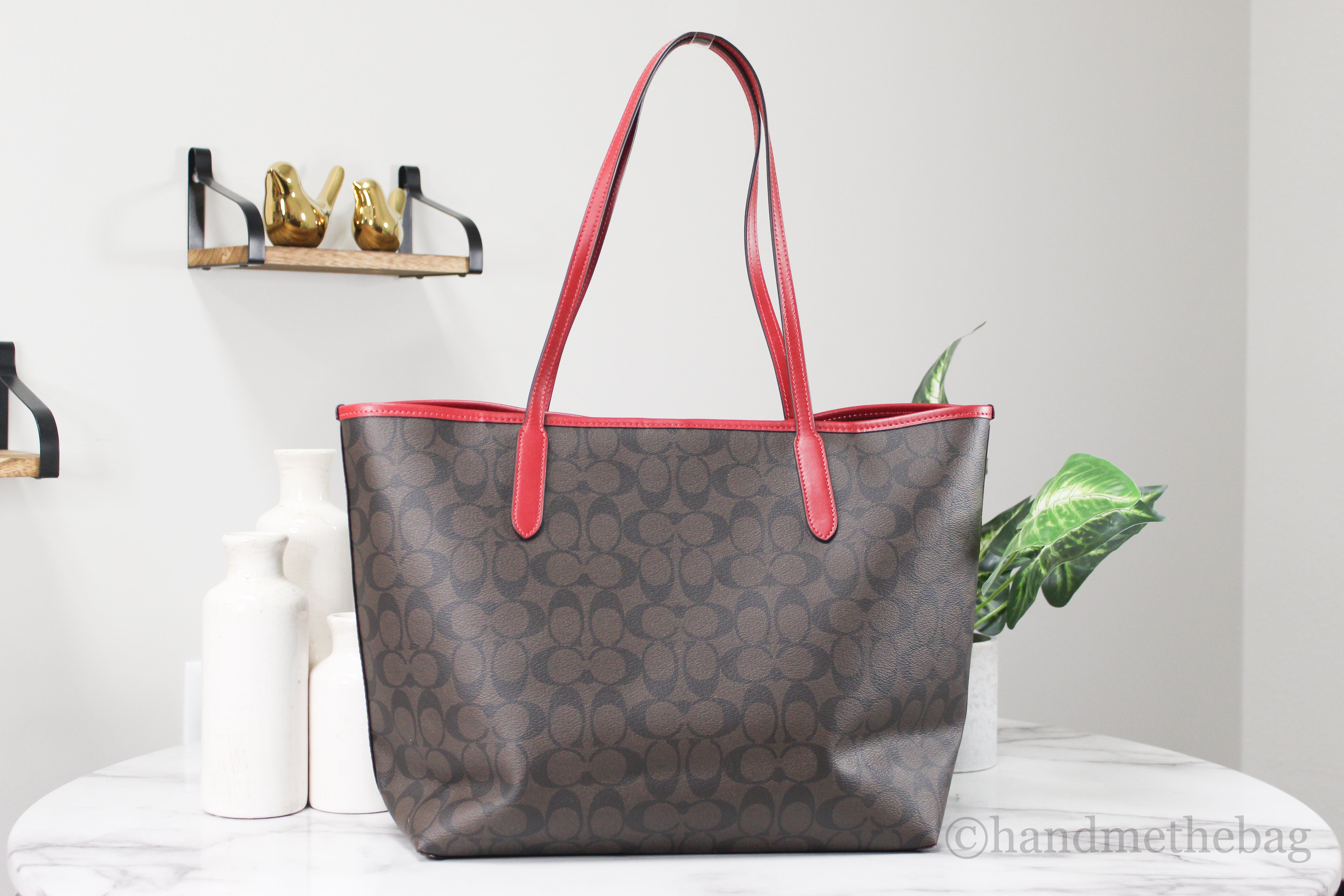 Coach (5696) Brown Red Signature Coated Canvas City Tote Shoulder Bag –  