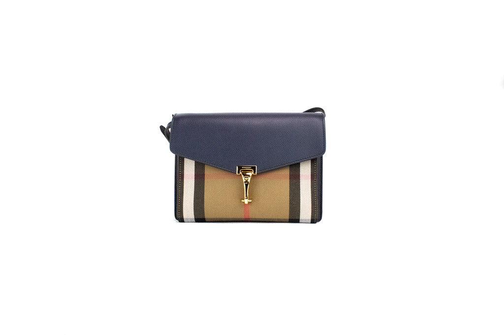 Burberry Macken Small Ink Blue House Check Derby Grain Leather Crossbo –  