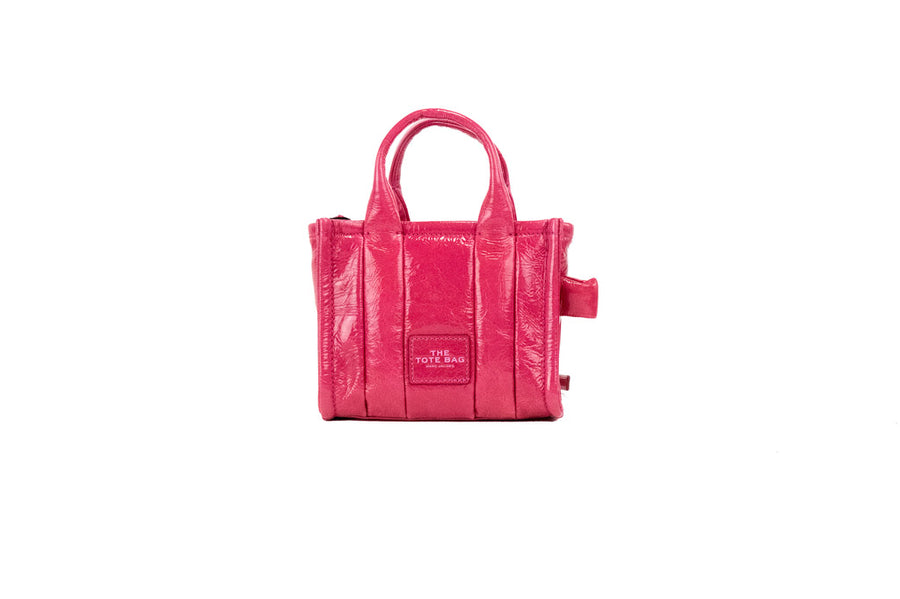 marc jacobs magenta the shiny crinkle micro tote on white background