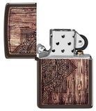 Wood Mandala Design Brown Matte Windproof Lighter with its lid open and not lit