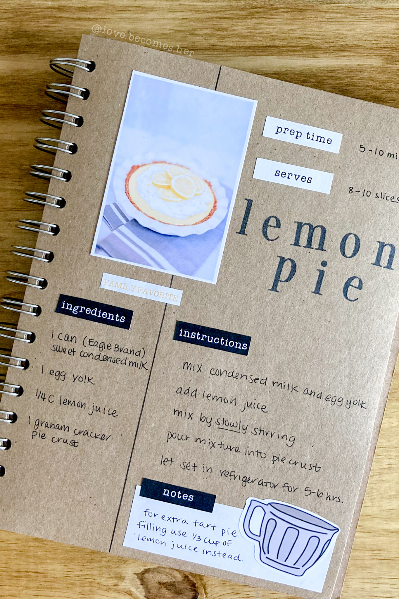 recipe journal easy lemon pie
