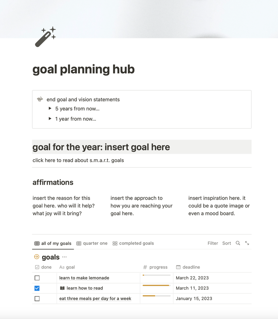 goal planning hub in notion screenshot