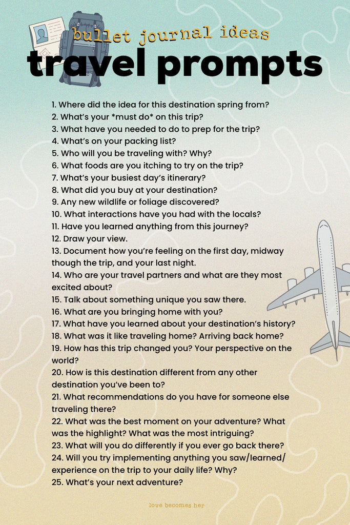 infographic list of 25 travel journal prompts