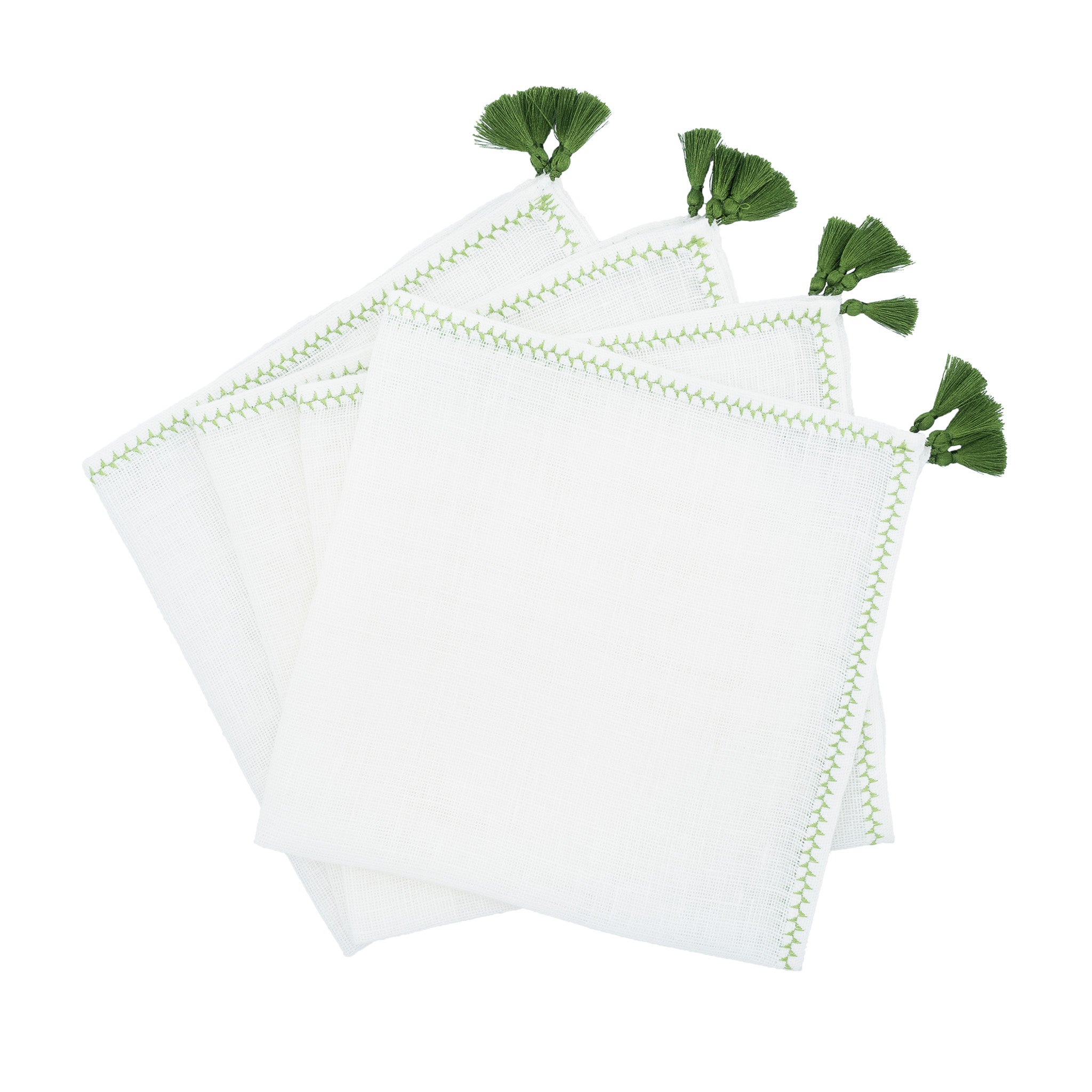Linen Napkins With Green Tassels, Set of 4
