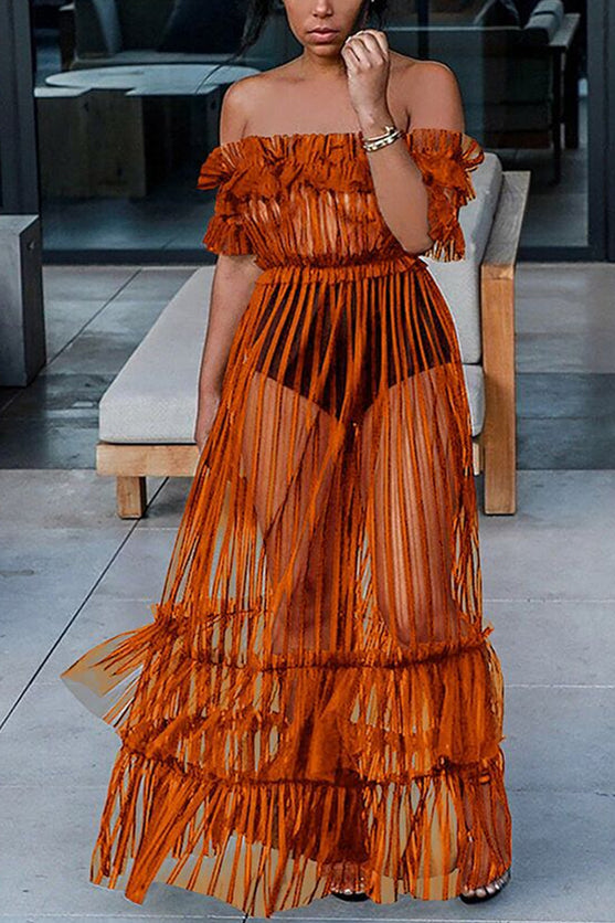 Sexy Off-The-Shoulder Perspective Mesh Orange Dress
