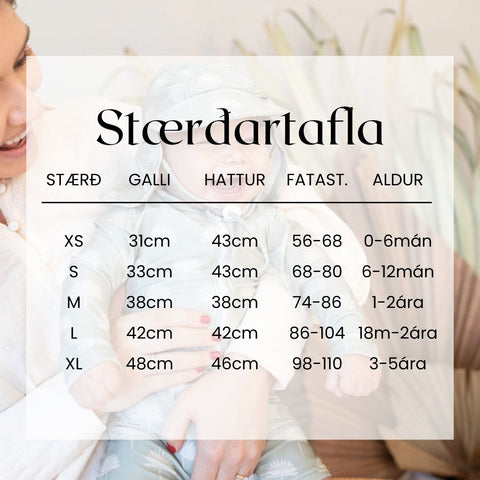 Stærðartafla - sundgallar með flapp hatti frá Bare and Boho