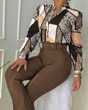 Cheetah Scarf Print Shirt & Bootcut Pants Set With Belt