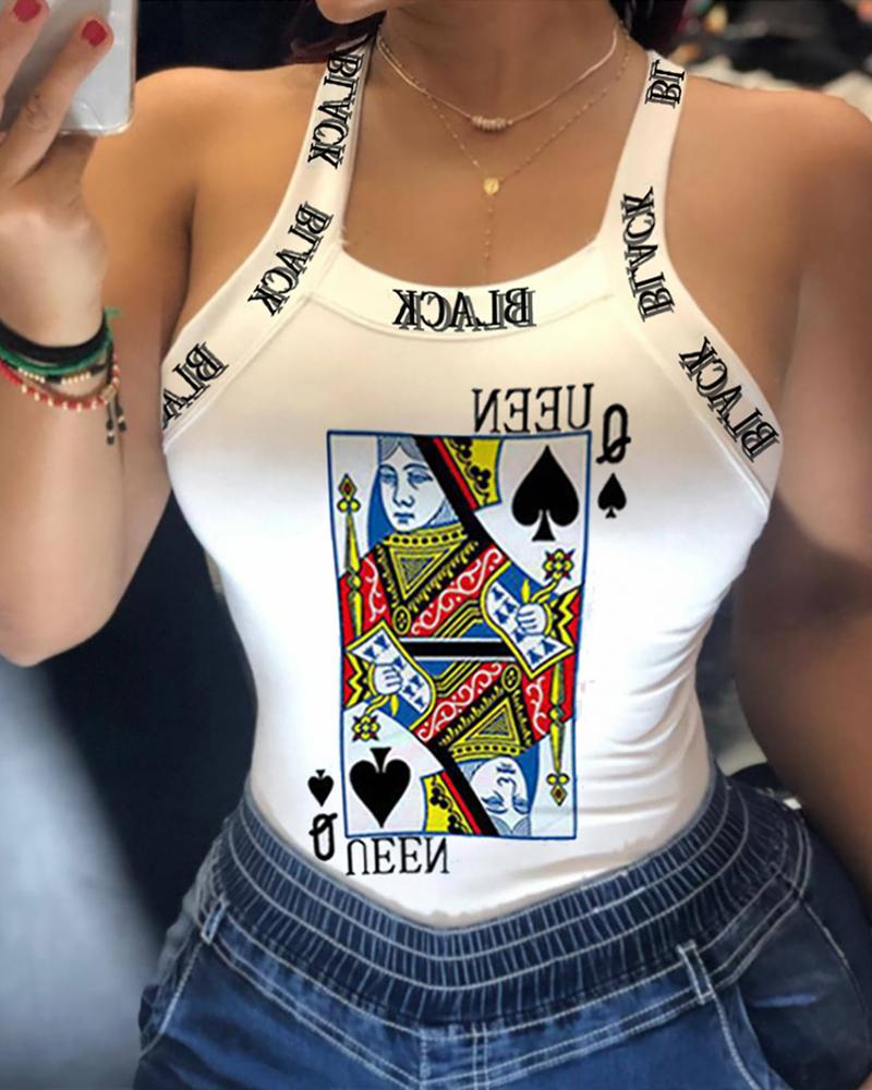 Thick Strap Backless Letter Poker Print Sporty Top