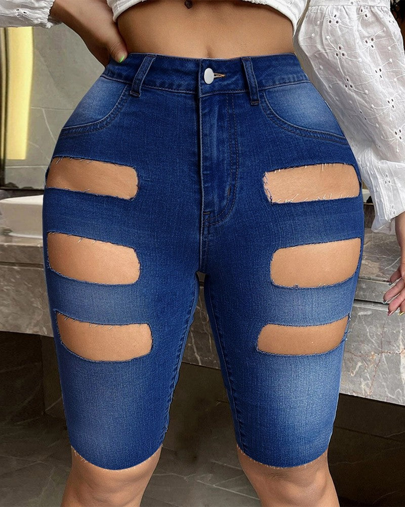 Zipper Fly Cutout Denim Shorts