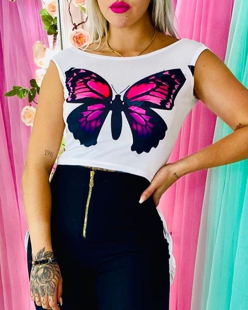 Backless Butterfly Print Slit Asymmetrical T shirt