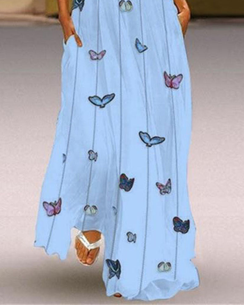 Butterfly Print Pocket Detail Casual Dress
