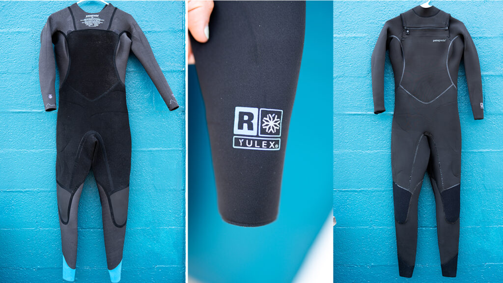 A Patagonia wetsuit displayed inside out to the lining and seams.