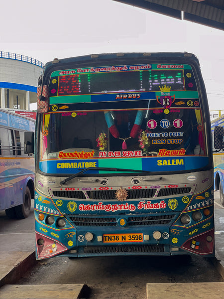 派手なインドのバス。インドの人々は柄が好きみたい。