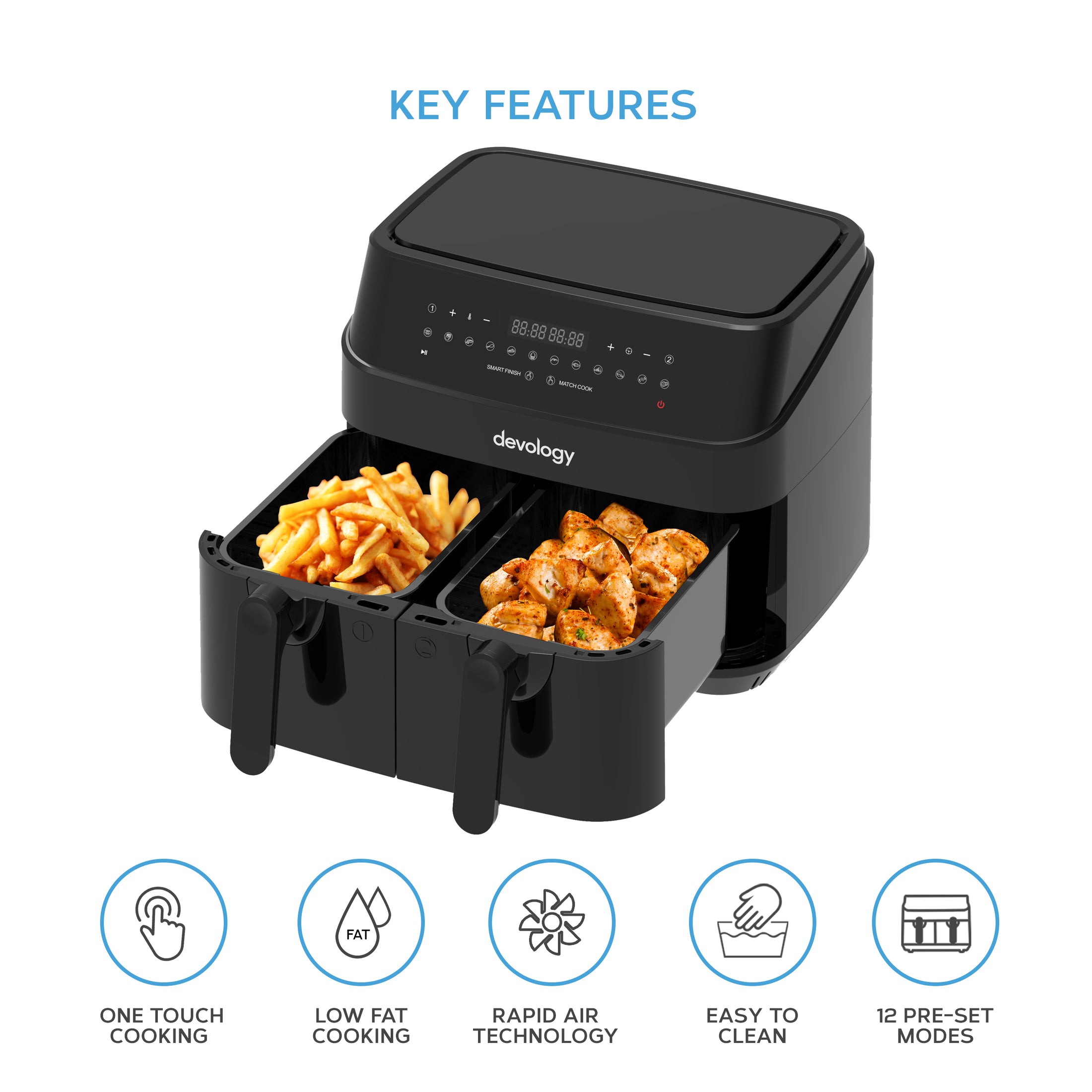 Devology 9L Dual Zone Air Fryer with 12 Pre-Set Modes and FREE 50 reci ...