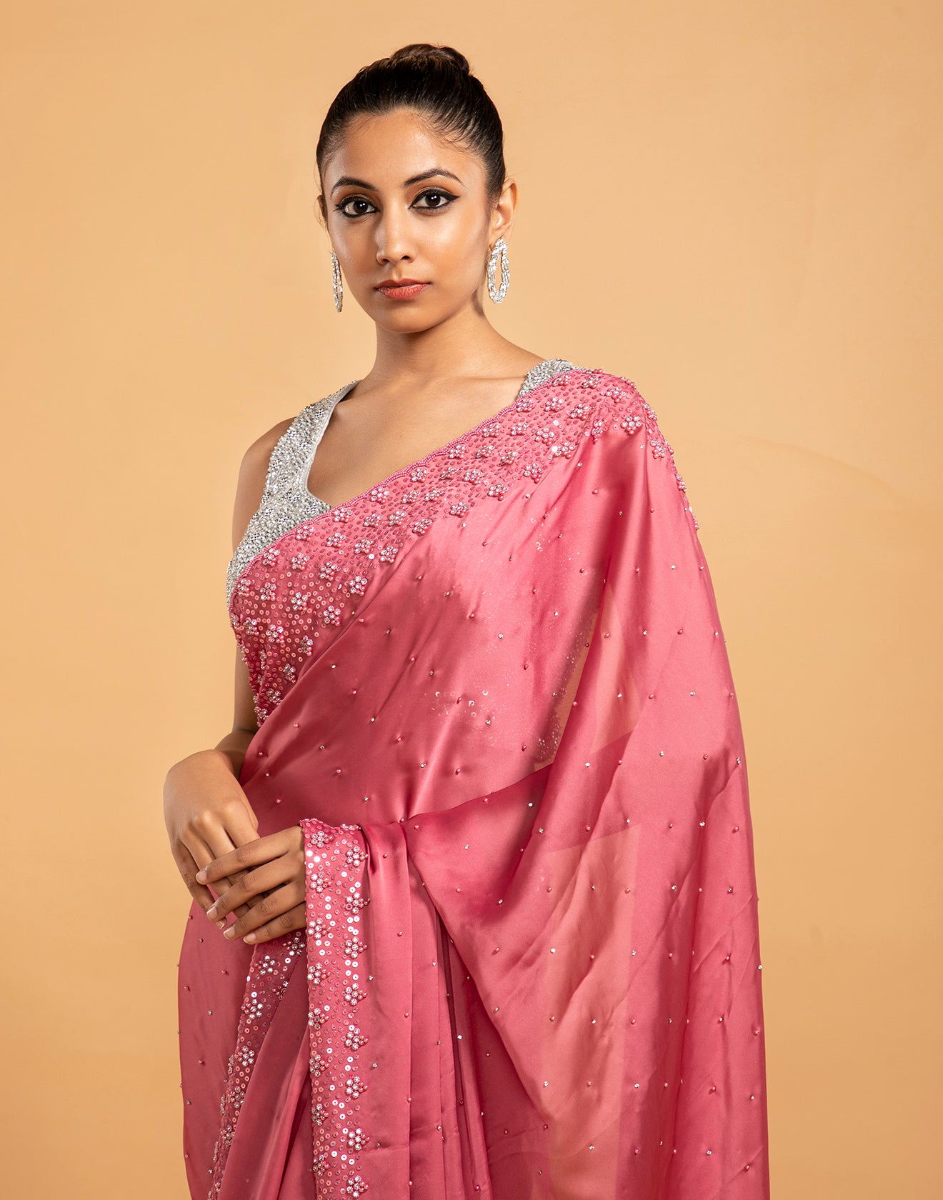Blush Pink Pearl Smooth Embellished Satin Saree – Roopkala