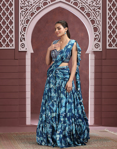 Cobalt Blue Printed Lehenga Set In Modal Satin