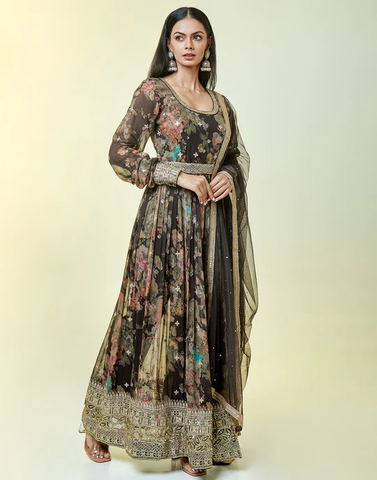 Coffee Brown Anarkali Suit Set With A Silt With A Vintage Floral Print