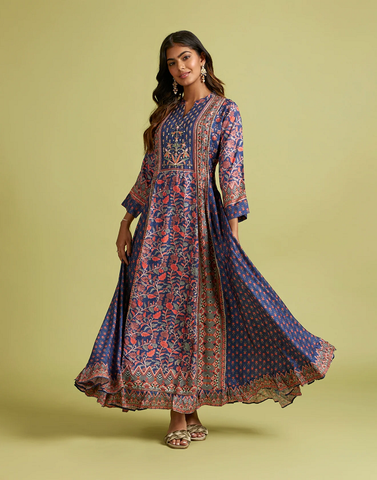 Ink Blue Ethnic Printed Flared Kurti