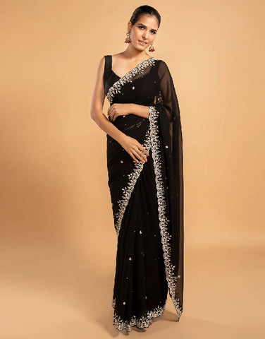 Jade Black Georgette Embellished Saree