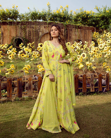 Lime Green Embroidered Front Slit Suit Set