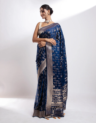 Lustrous Navy Blue Warli Motifs Crepe Silk Saree