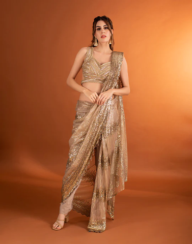 Metallic Gold Dazzling Pre-Stitched Saree