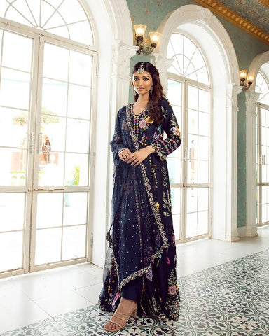 Oxford Blue Embroidered Front Slit Suit Set