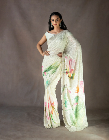 Pearl Hand Painted Embroidered Saree