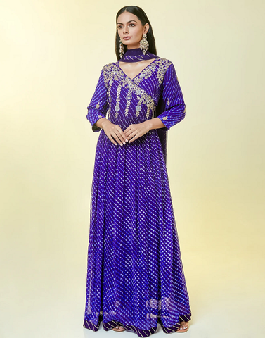 Reflex Blue Leheriya Bandhani Anarkali Suit Set