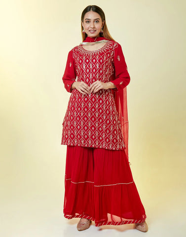 Scarlet Red Sharara Suit In Georgette With Sequin Embroidery