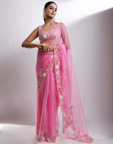 Tickled Pink Embroidered Organza Saree