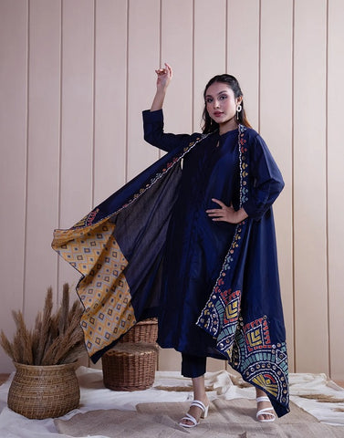 Vivid Navy Blue Fusion Salwar Kameez Set