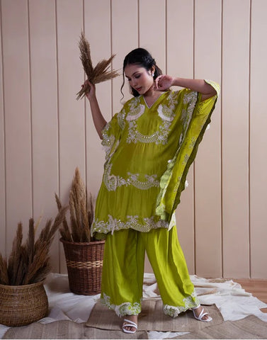 Zesty Green Frayed Embroidered Kaftan Set