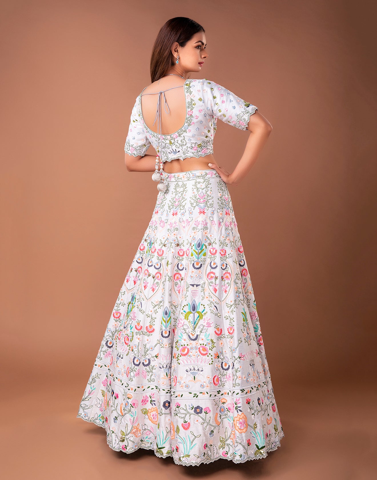 Powder Blue Floral Embroidered Lehenga In Raw Silk