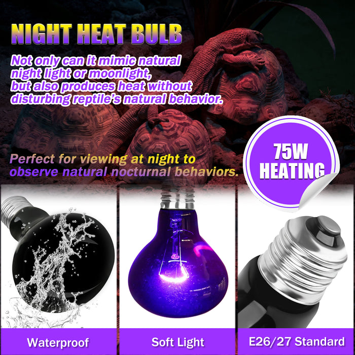 NEPTONION Reptile Moonlight Lamps, UVA Night Heat Bulb Basking Spot Heating Lamp Suitable for Snake, Chameleon, Bearded Dragon, Spider, Gecko, Lizard