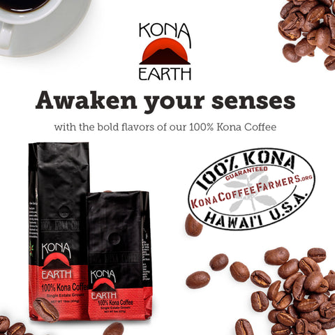 Kona Earth coffee bags on white background with coffee beans floating