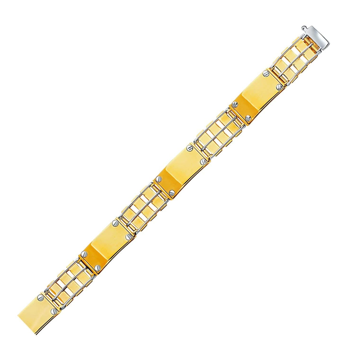 14k Two Tone Gold Men's Bracelet with Screw Embellished Bar Links