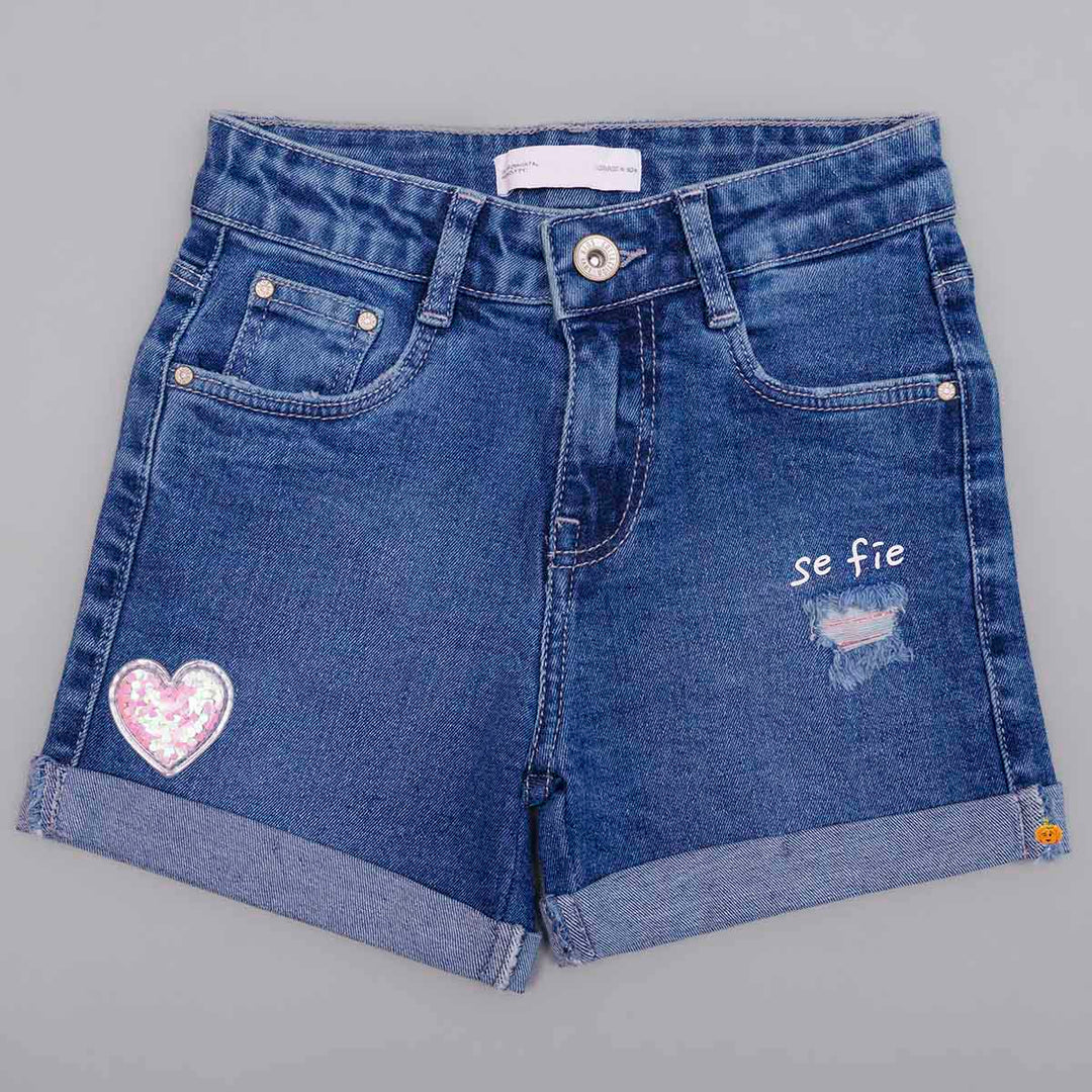 Blue Denim Girls Shorts with Sequin Waistband