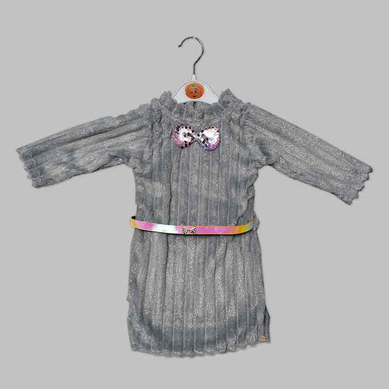 Grey Solid Shiny Party Wear Girls Midi For Winter Variant Front View